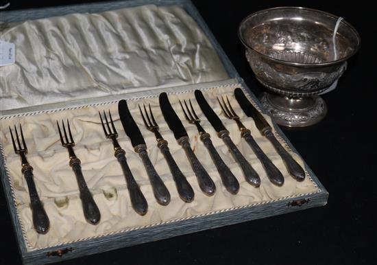 Six French silver handled fruit knives and four forks., together with an Indian white metal presentation bowl